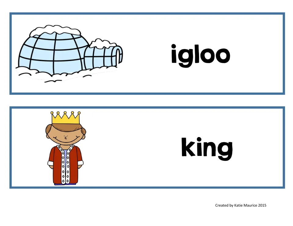 Syllable-sorting picture-word cards for igloo and king, showing an ice shelter and a king wearing a crown