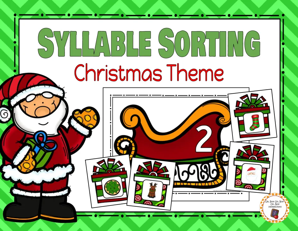Syllable Sorting - Christmas Theme cover showing a number 2 sorting sleigh and sample picture cards