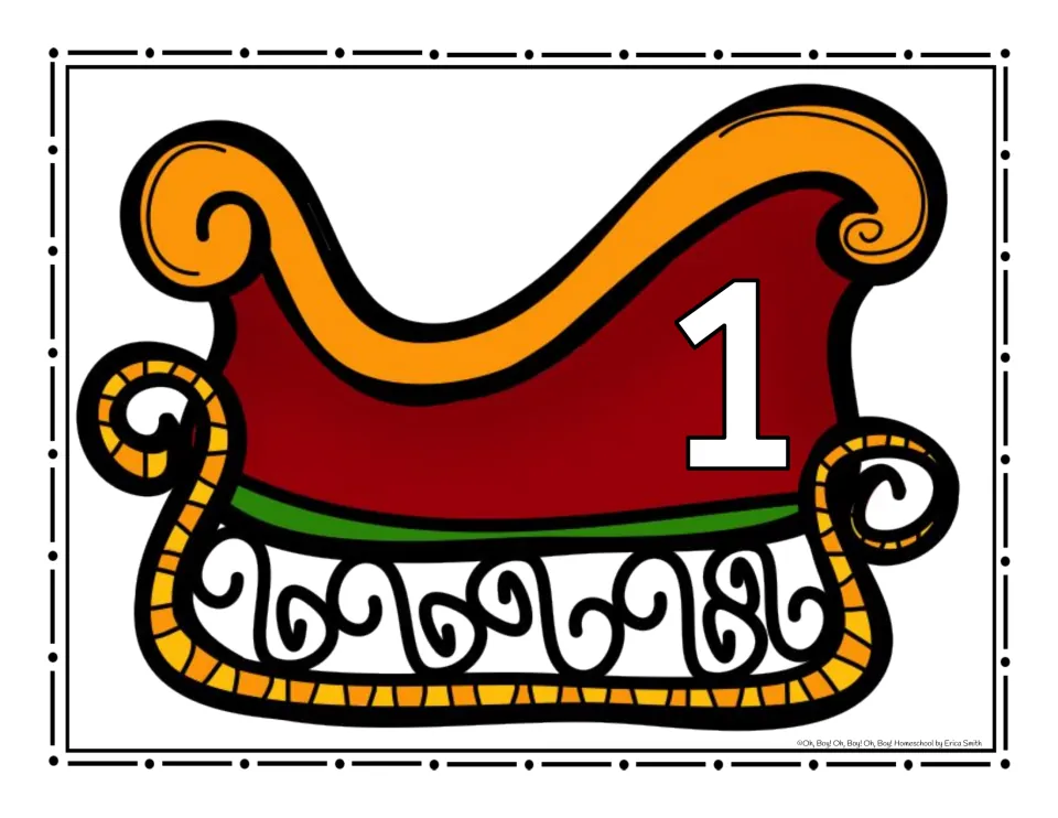 Sleigh sorting poster numbered 1 for placing Christmas picture cards whose names have one syllable