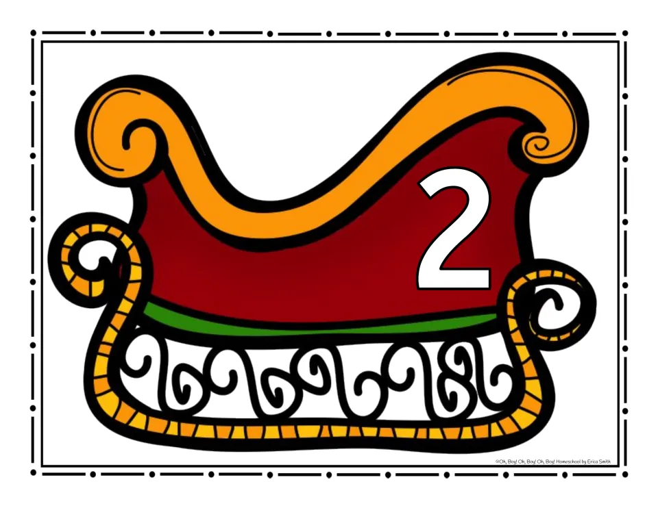 Sleigh sorting poster numbered 2 for placing Christmas picture cards whose names have two syllables