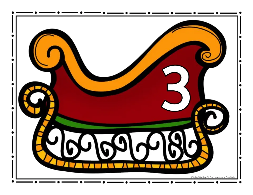 Sleigh sorting poster numbered 3 for placing Christmas picture cards whose names have three syllables