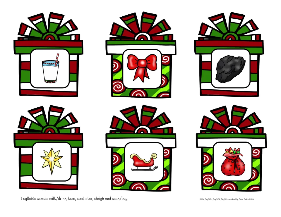Christmas syllable picture cards 1–6: milk or drink, bow, coal, star, sleigh and sack or bag
