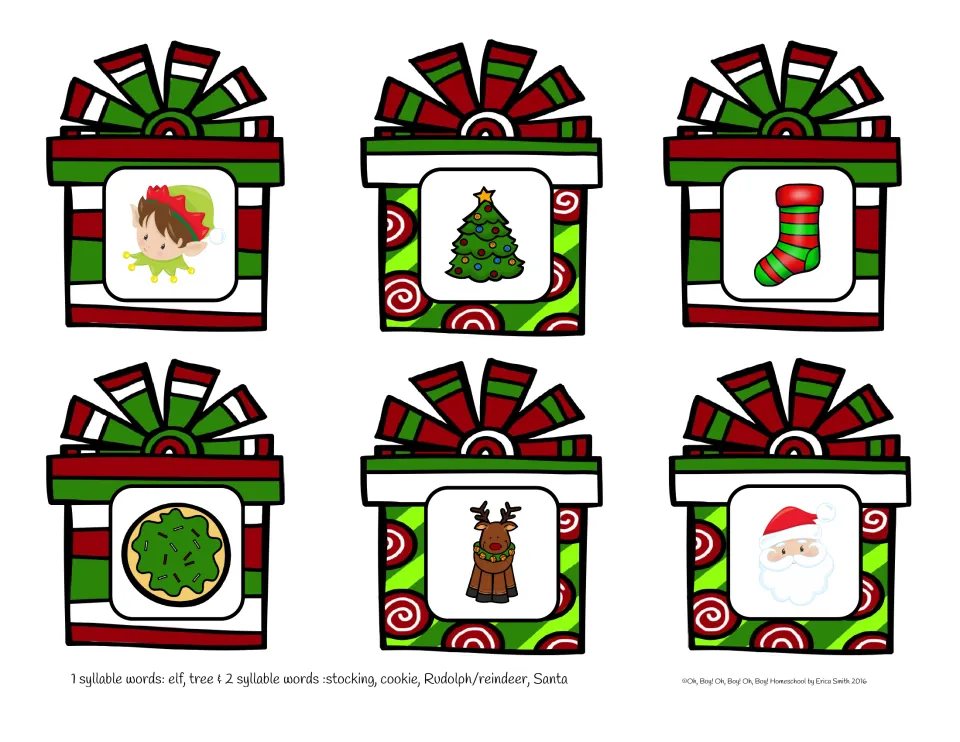 Christmas syllable picture cards 7–12: elf, tree, stocking, cookie, Rudolph or reindeer, and Santa