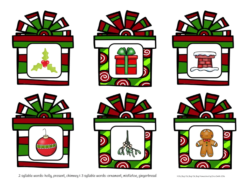 Christmas syllable picture cards 13–18: holly, present, chimney, ornament, mistletoe and gingerbread