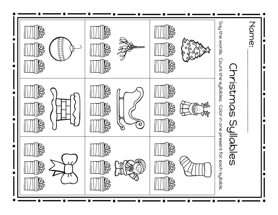 Christmas syllable worksheet: name nine pictures and color one unnumbered present for each syllable