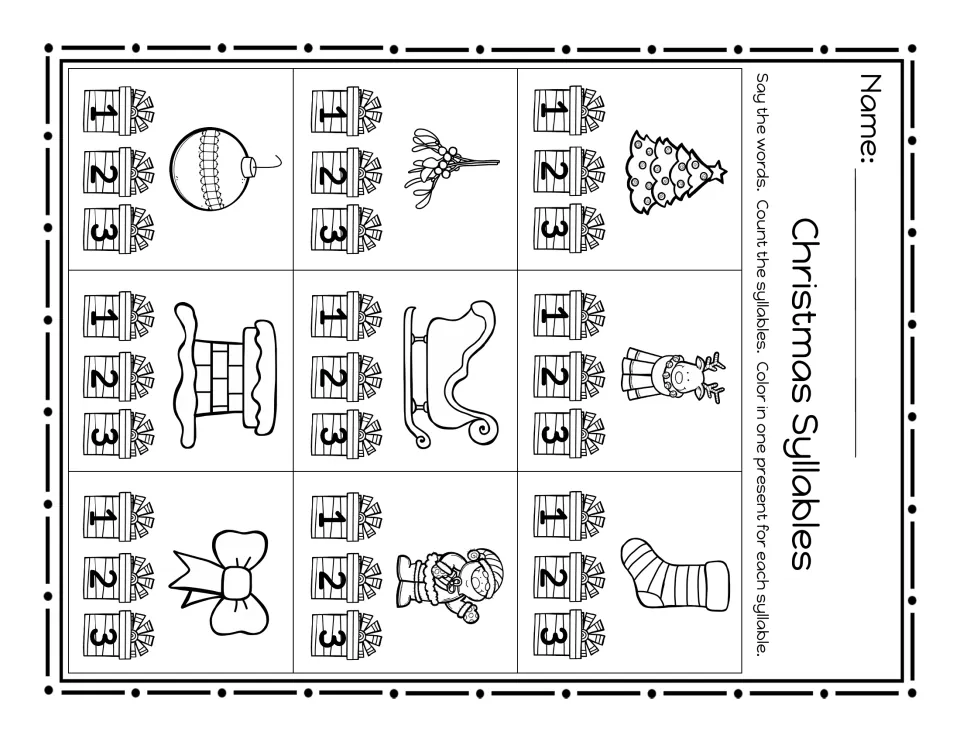 Christmas syllable worksheet with nine pictures and presents labeled 1, 2 and 3 beneath each picture