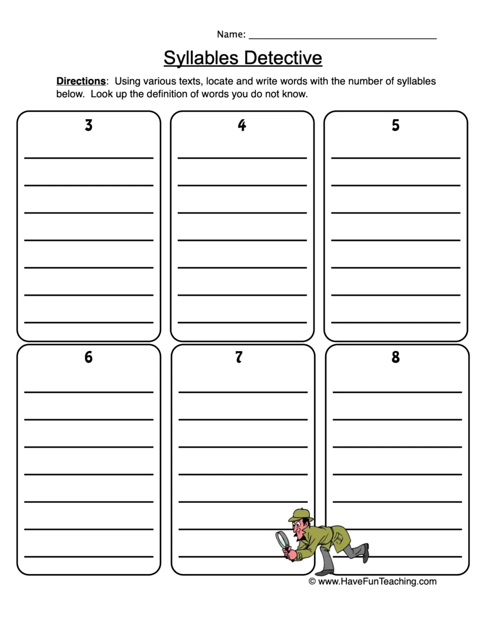 Word-finding worksheet for recording words with 3–8 syllables from texts and looking up unfamiliar words.