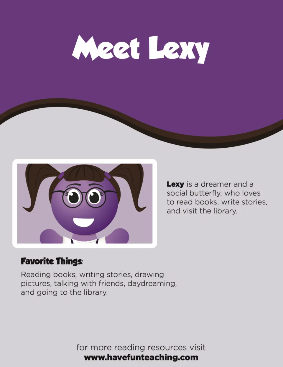 Character introduction to Lexy, who loves reading books, writing stories, drawing, and visiting the library
