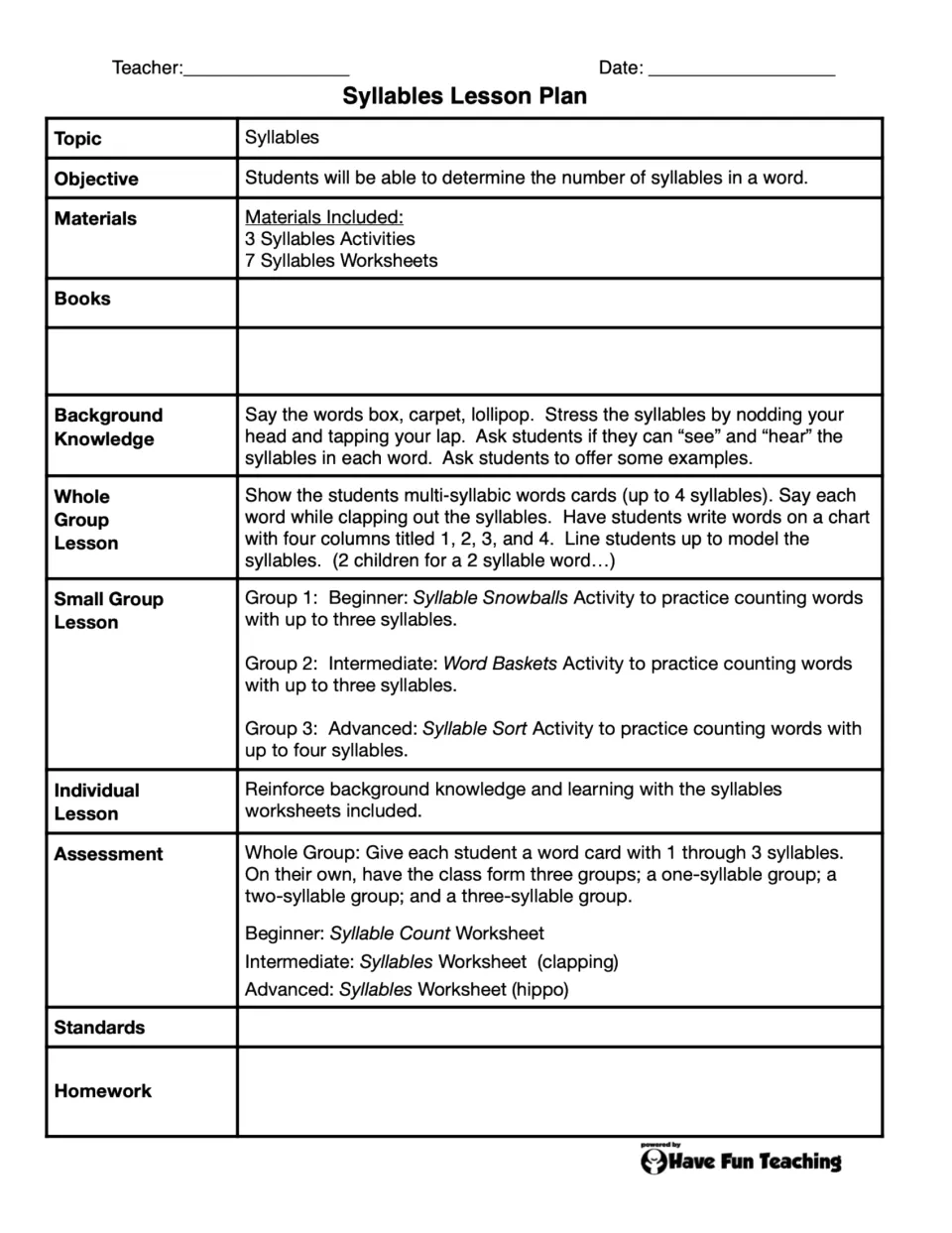 Teacher lesson guide for counting syllables, with whole-group instruction, three small groups, and assessments