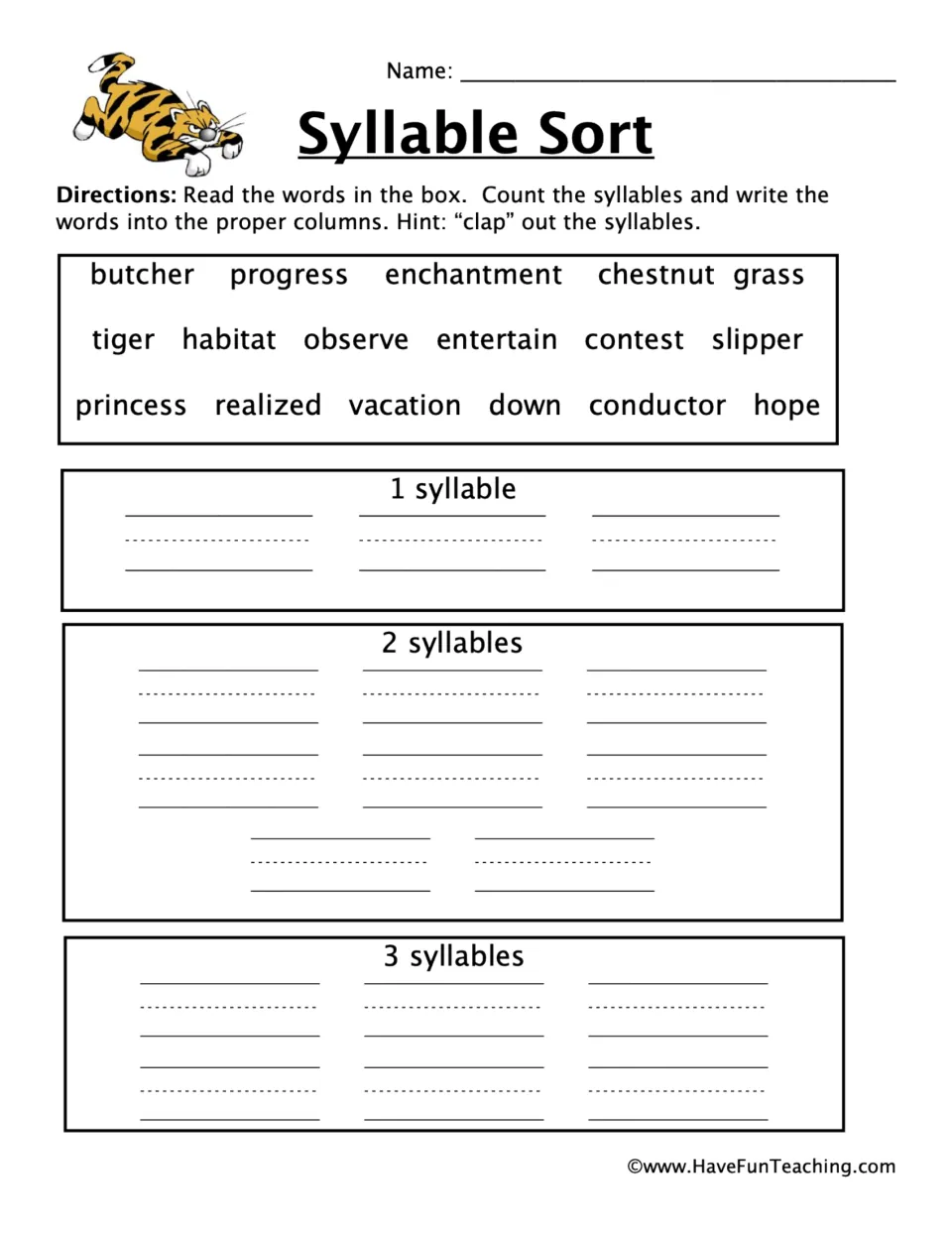 Syllable Sort practice asks students to clap and sort 17 words, including butcher, enchantment, grass, and hope