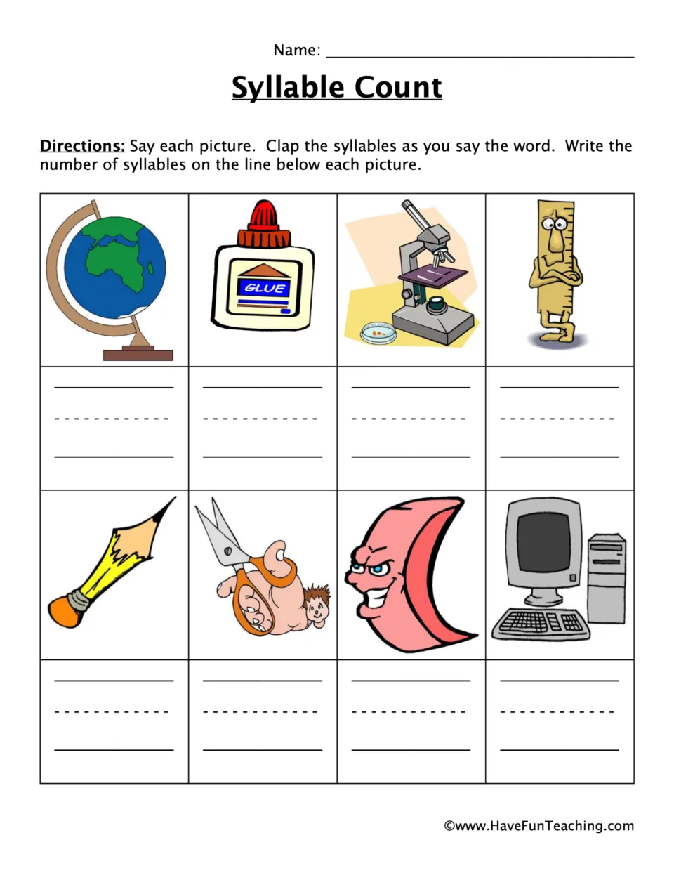 Syllable counting practice uses eight school-item pictures, including a globe, glue, microscope, and ruler
