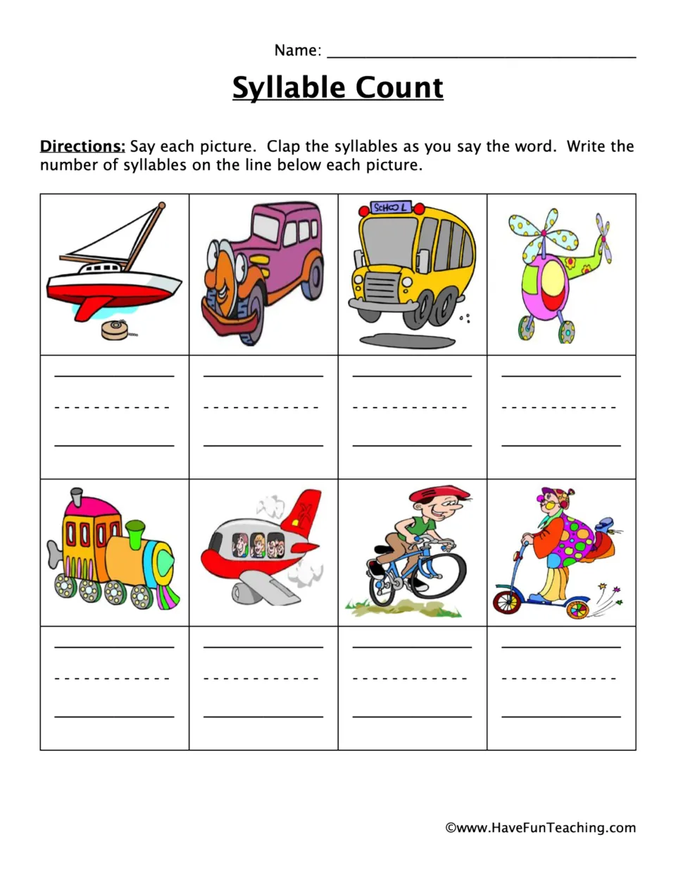 Syllable counting practice uses eight transportation pictures, including a sailboat, car, bus, and helicopter