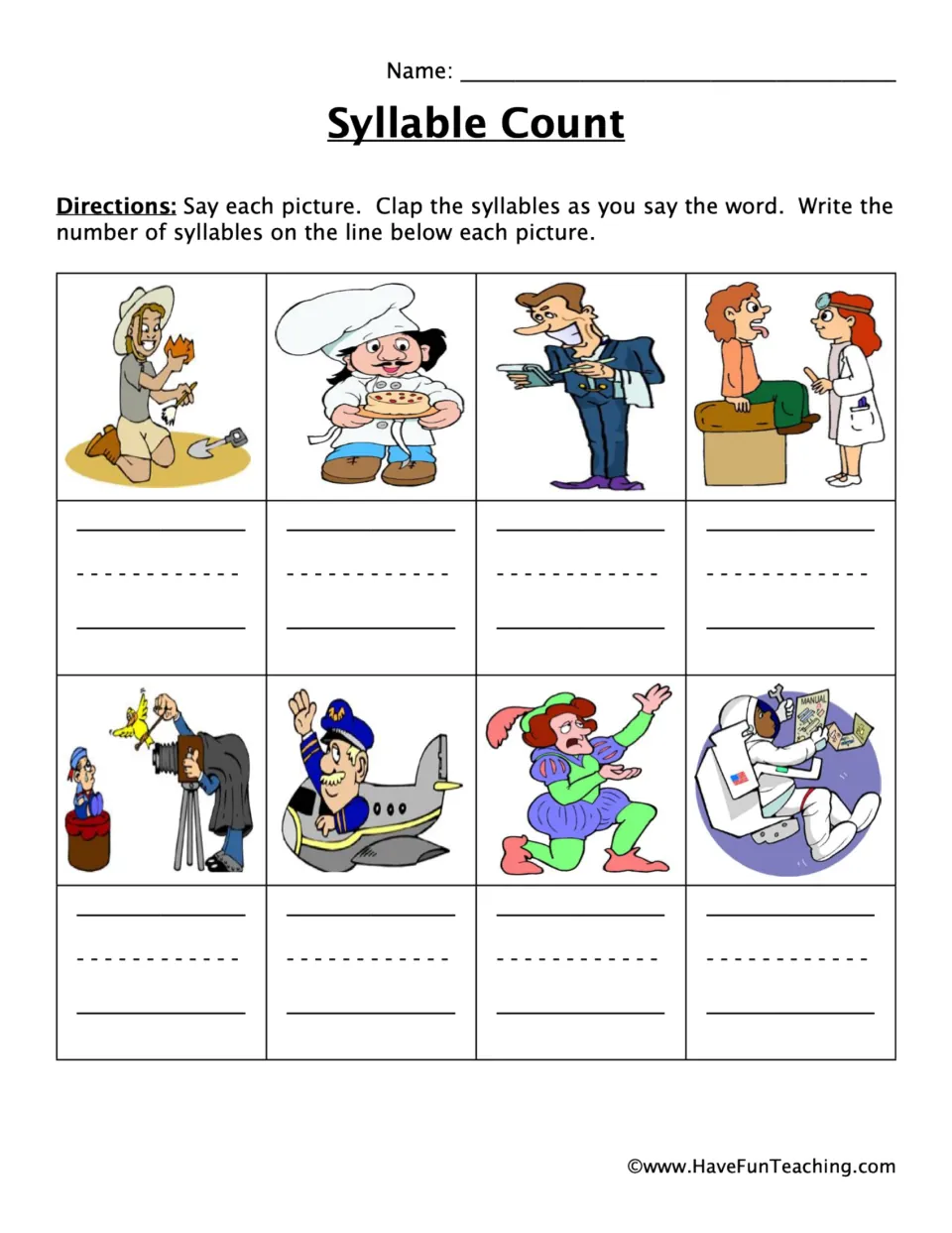 Syllable counting practice uses eight occupation pictures, including a chef, doctor, pilot, and astronaut