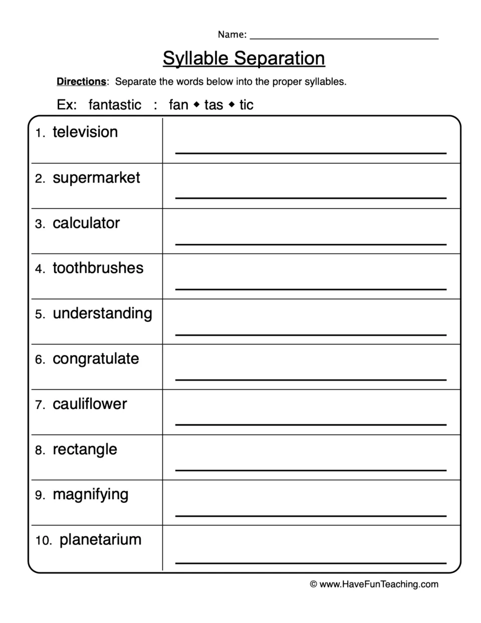 Syllable separation practice: television, supermarket, calculator, toothbrushes, and six more words