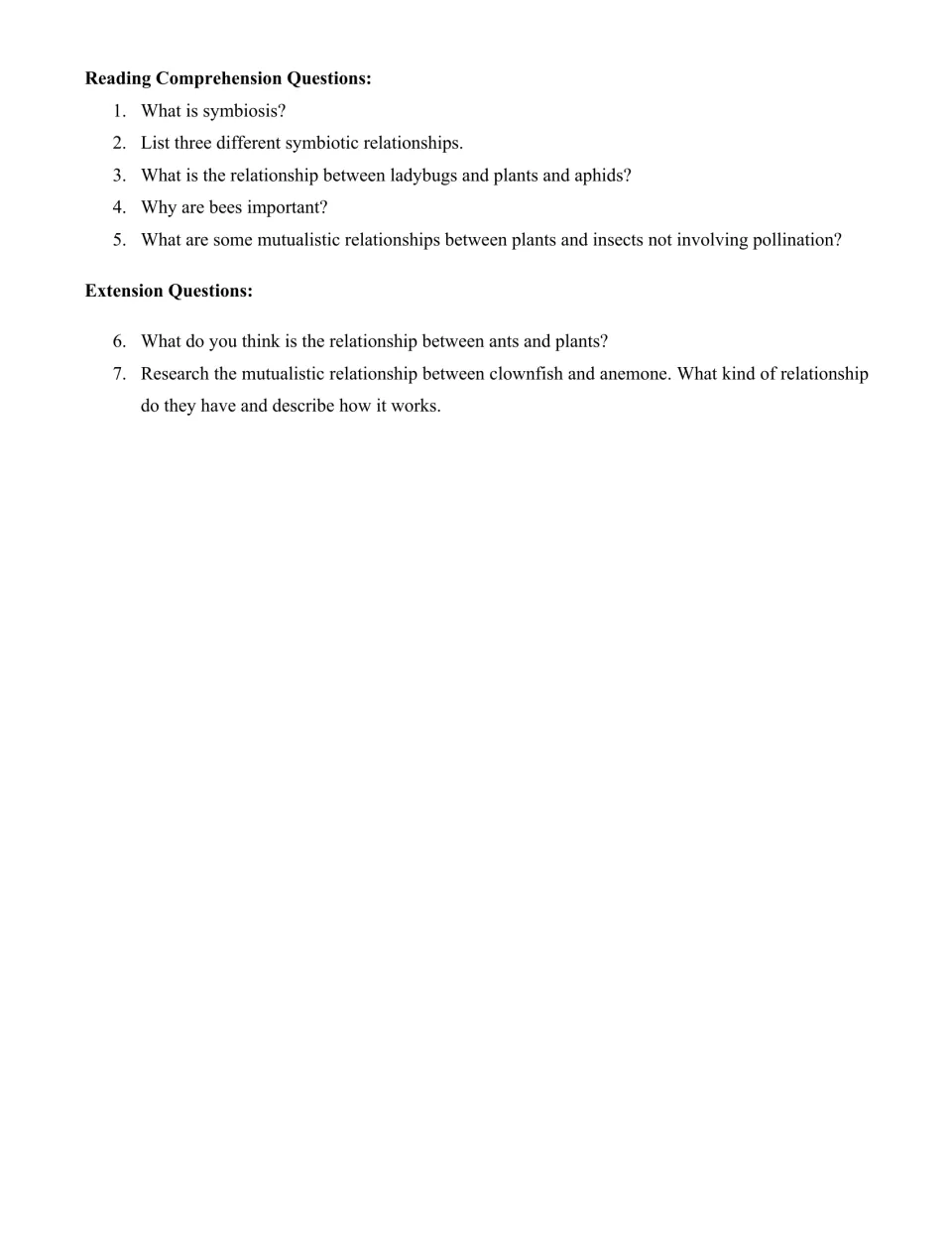 Five symbiosis comprehension questions and two extension questions about ants, plants, and clownfish