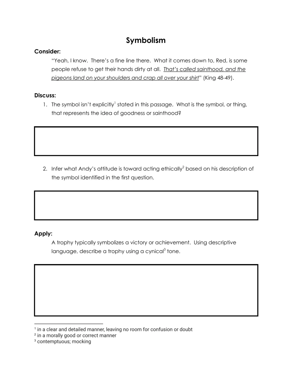 Symbolism worksheet: interpret Andy’s view of sainthood and ethical behavior, then describe a trophy cynically.