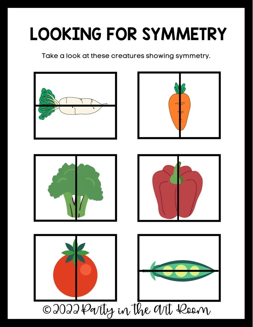 Looking for symmetry: model vegetables split by a symmetry line, including carrot, broccoli, red pepper, tomato and pea pod