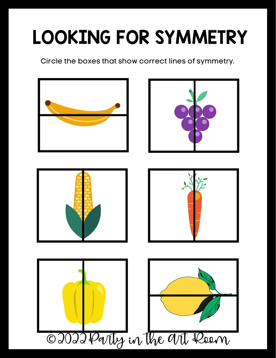 Correct symmetry lines: students circle which banana, grapes, corn, carrot, yellow pepper and lemon are split evenly