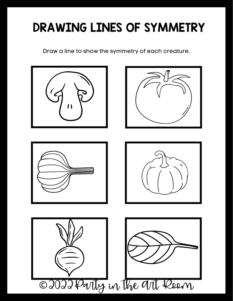 Drawing lines of symmetry: students draw the line on a mushroom, tomato, garlic, pumpkin, beet and leaf outline