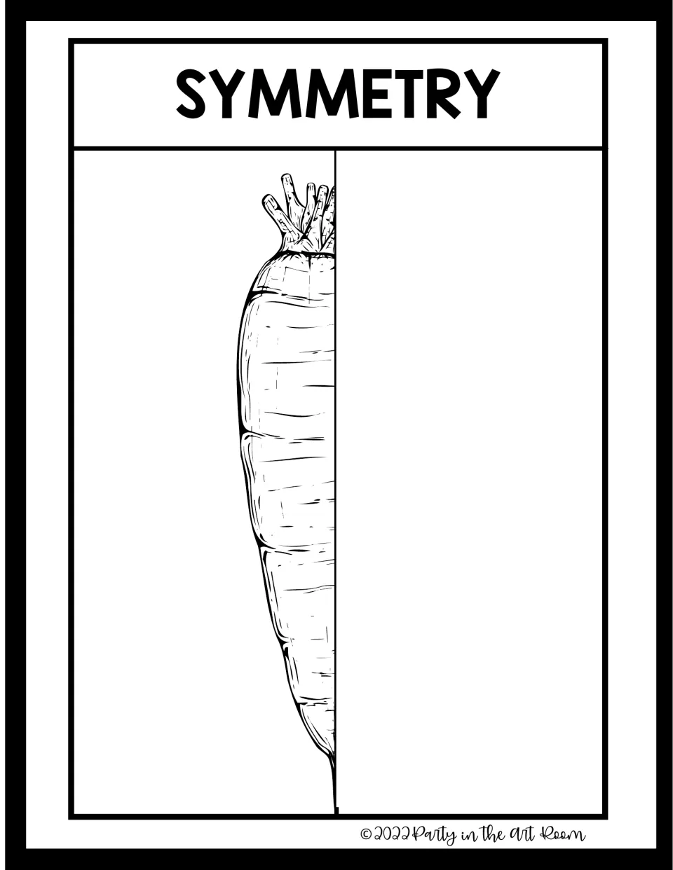 Carrot half-drawing: students complete the detailed carrot and its leafy top by mirroring the ridges on the right