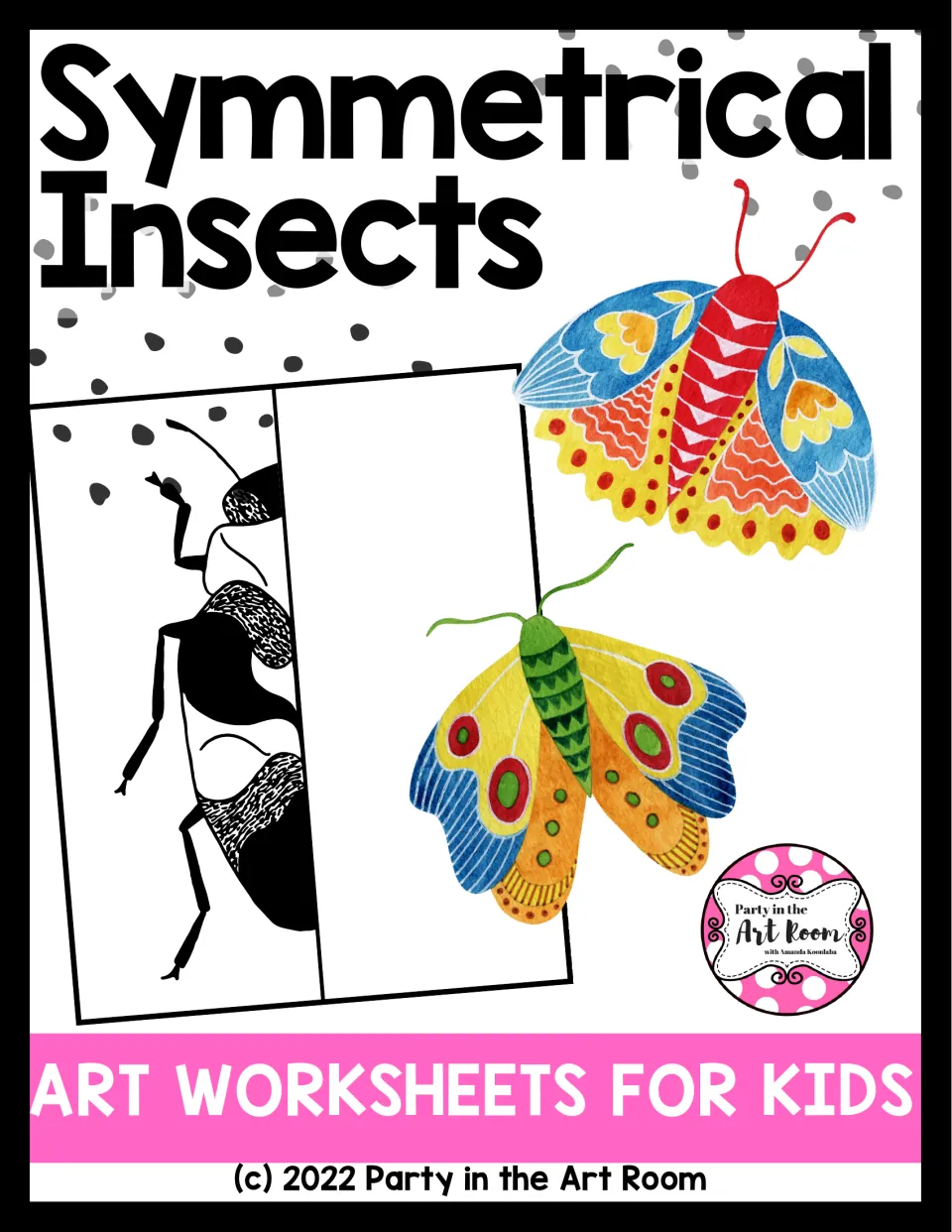 Symmetrical Insects cover: art worksheets for kids showing a half-drawn beetle beside two colorful watercolor moths