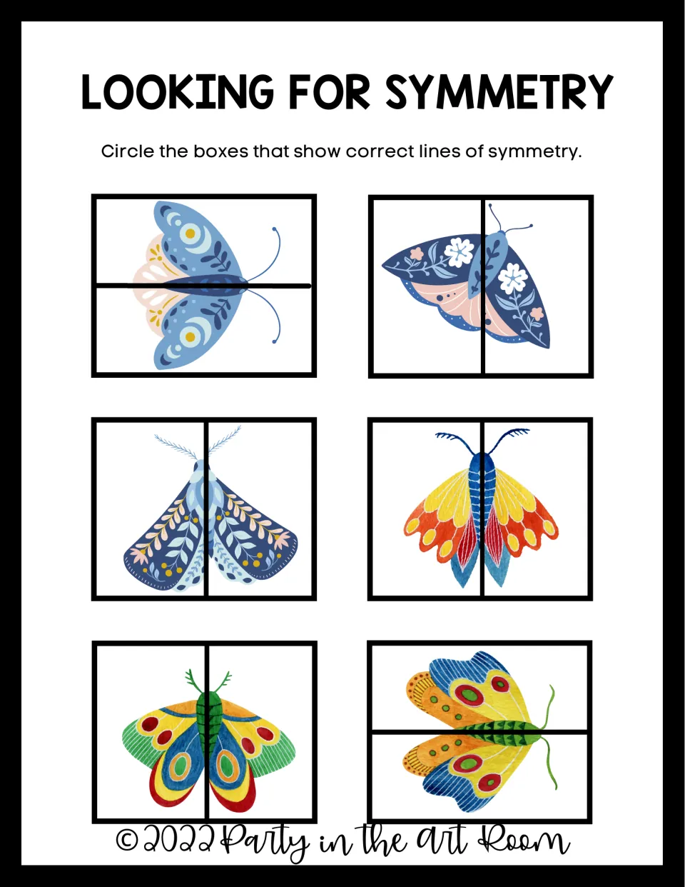 Identifying symmetry: students circle the moth pictures whose dividing line is a correct line of symmetry