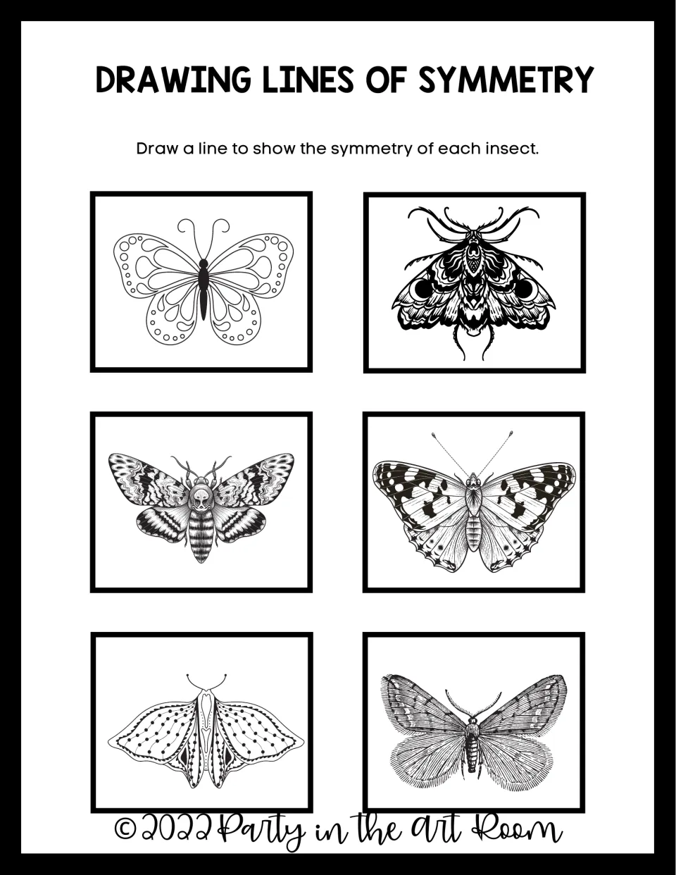 Drawing lines of symmetry: students draw a line through each of six black-and-white butterflies and moths