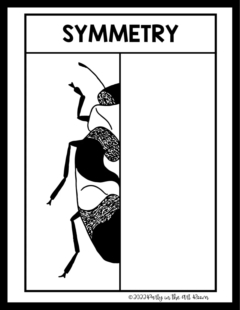 Symmetry drawing: left half of a black-and-white beetle with antennae and legs; students draw its mirror half