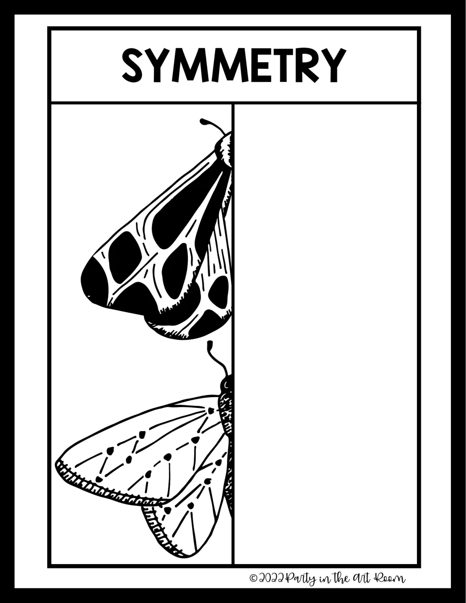Symmetry drawing: left halves of two moths, one with bold black spots; students draw each matching right half