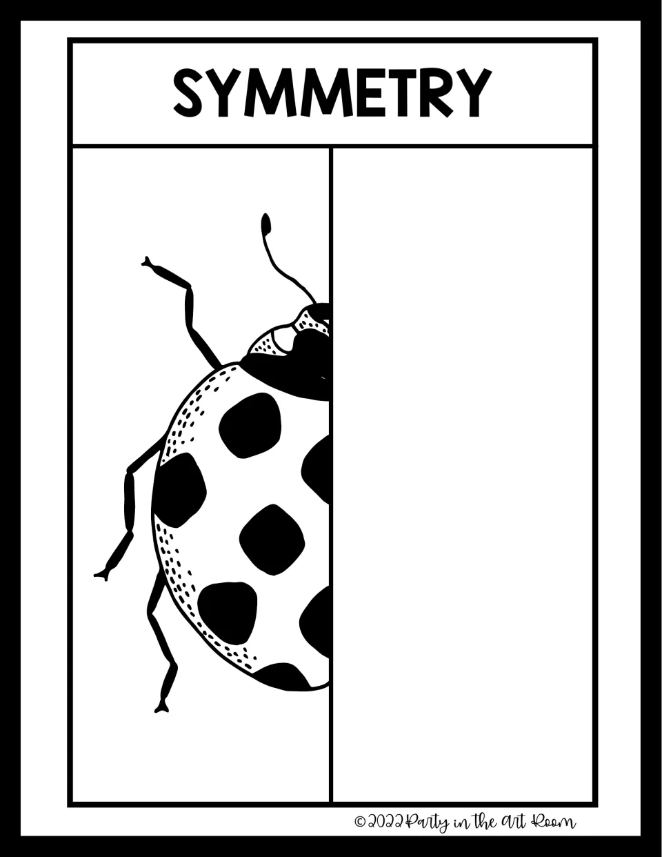 Symmetry drawing: left half of a spotted ladybug with legs and antenna; students complete the other half to match