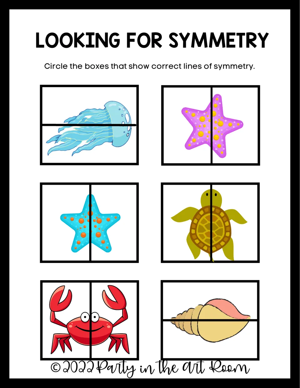 Spotting symmetry: students circle the jellyfish, starfish, turtle, crab and shell pictures with a correct symmetry line