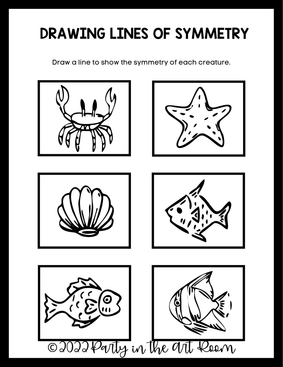Drawing Lines of Symmetry: students draw a line through a crab, starfish, scallop shell and three fish outlines