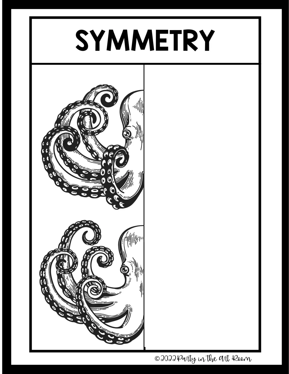 Symmetry drawing: left halves of two detailed octopuses with curling tentacles for students to mirror on the right side