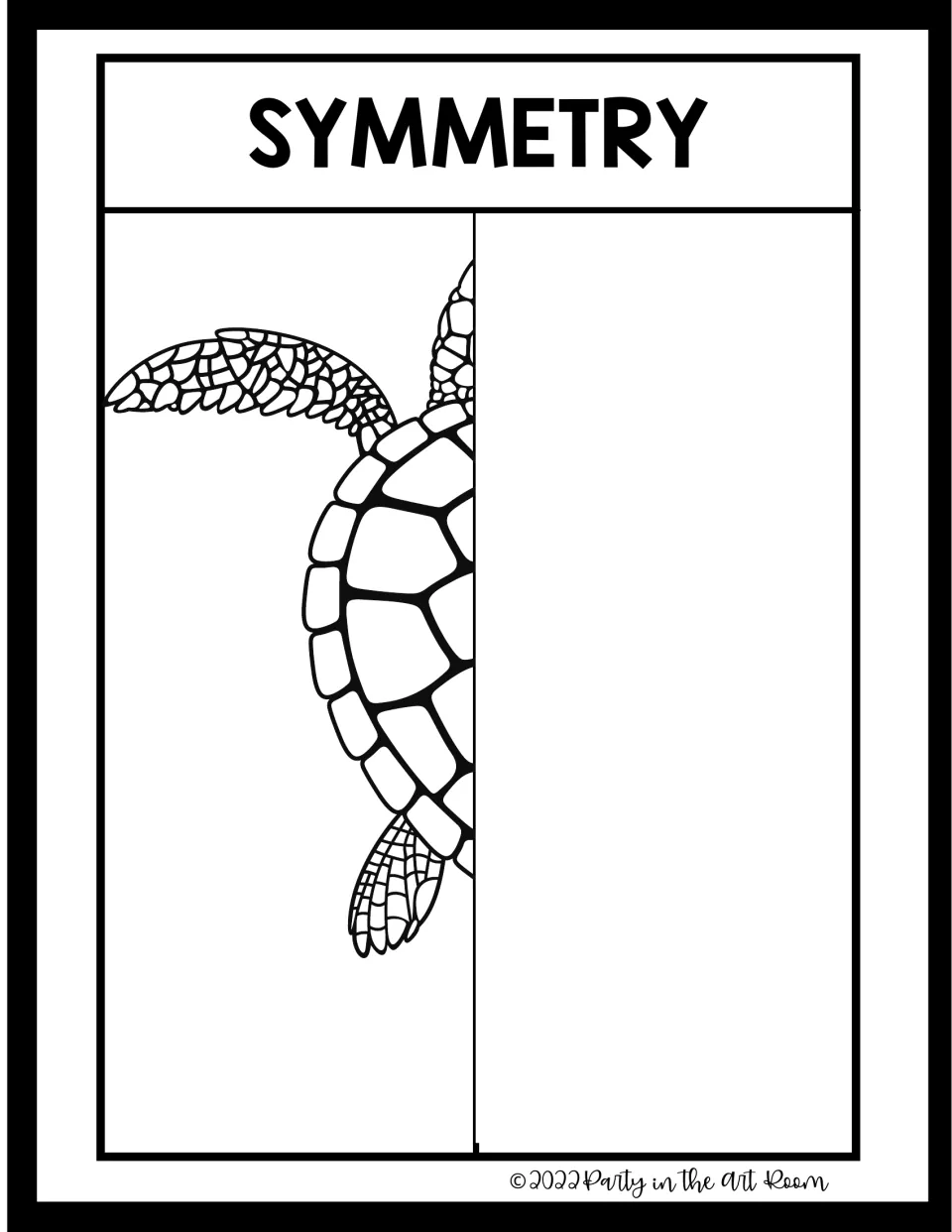 Symmetry drawing: half of a sea turtle with patterned flippers and shell plates for students to complete as a mirror image