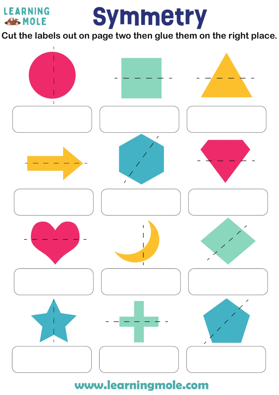 Lines of symmetry: students judge whether a dashed line splits each of 12 shapes, like a heart, star and moon, evenly