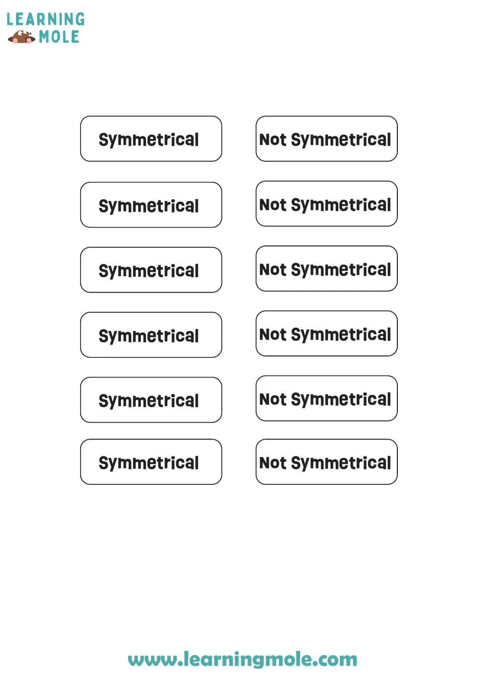 Cut-out labels for the shape sort: six reading Symmetrical and six reading Not Symmetrical, to glue under each shape