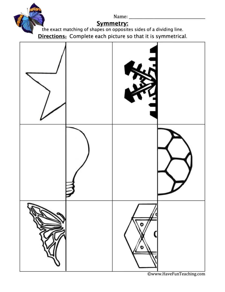 Symmetry: students draw the missing half of a star, snowflake, light bulb, soccer ball, butterfly and hexagon