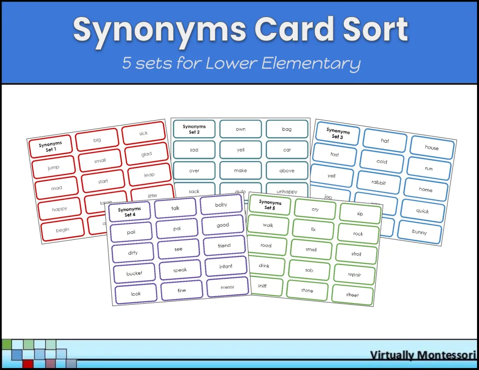 Synonyms Card Sort cover: 5 sets for Lower Elementary, shown as five color-coded sheets of word cards like big, sick, cry