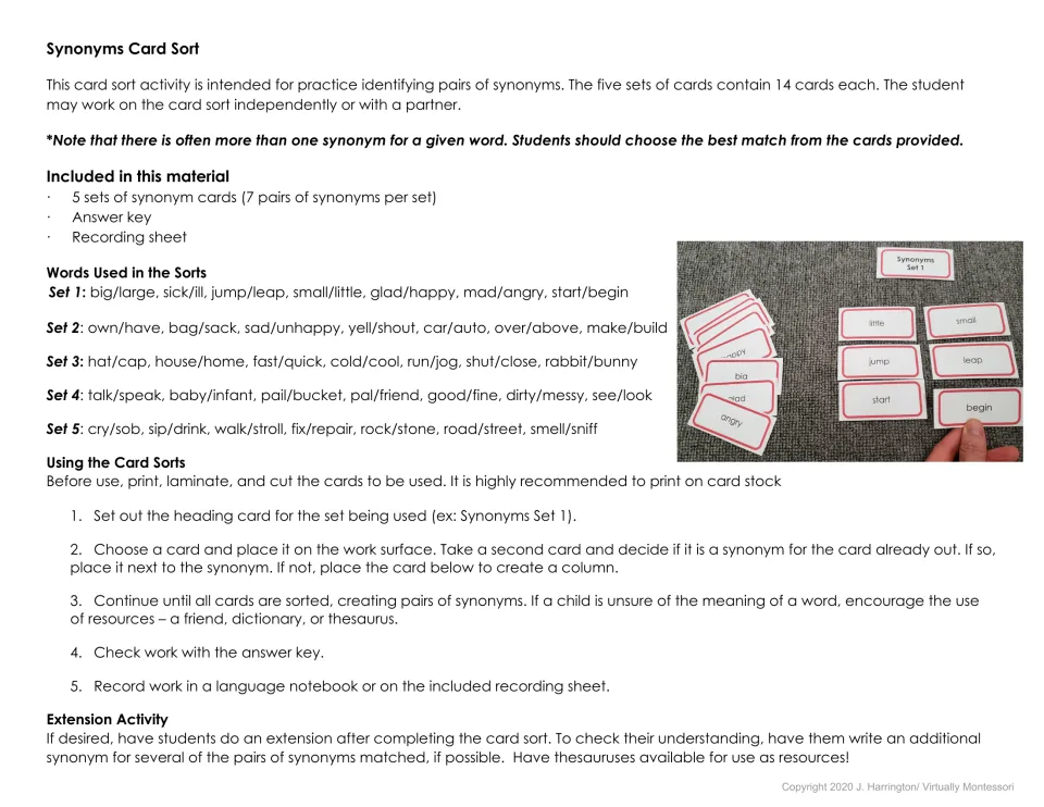 Teacher directions for synonym sorting: steps for pairing cards, the word pairs in each of 5 sets, plus an extension task
