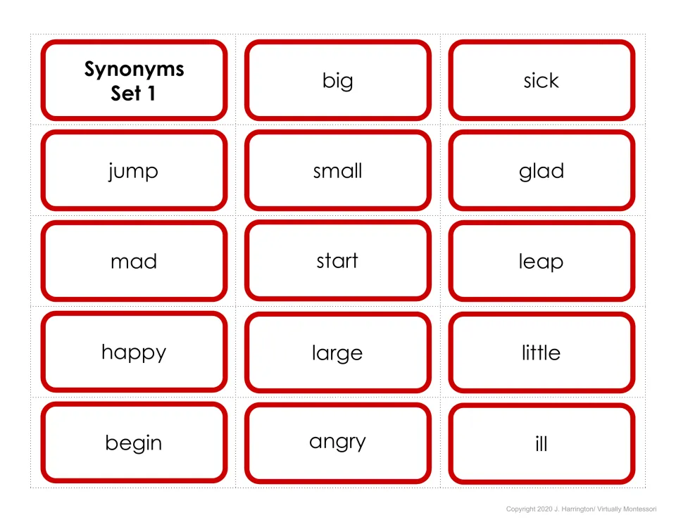 Synonyms Set 1 cut-out cards: students match 7 word pairs such as big and large, sick and ill, jump and leap, mad and angry