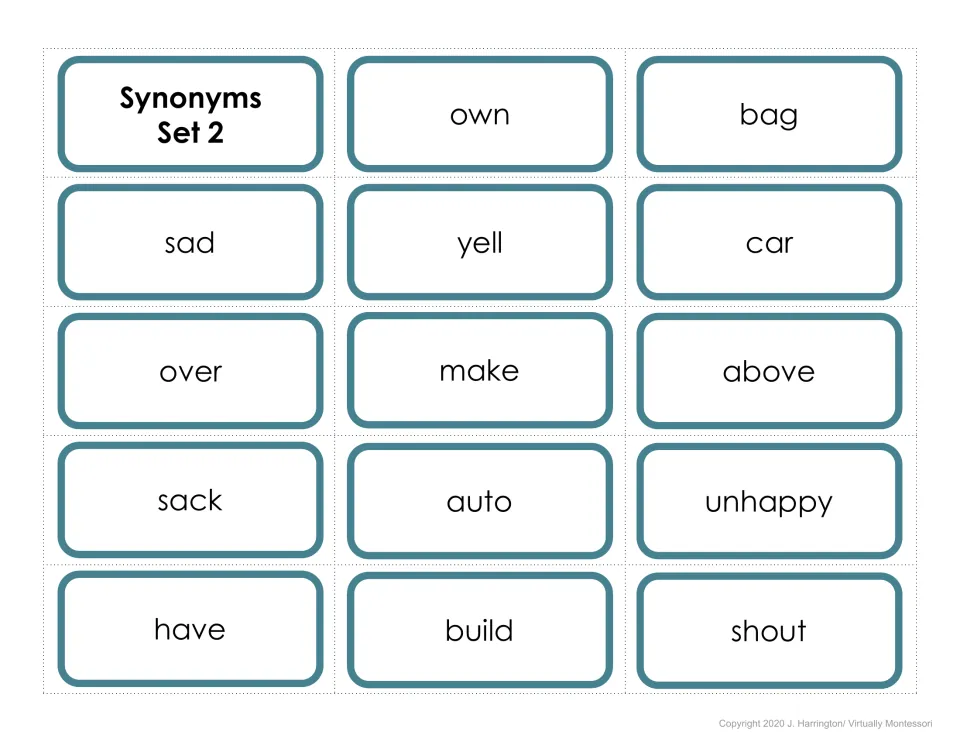 Synonyms Set 2 cut-out cards: students pair words with the same meaning, like own and have, bag and sack, yell and shout