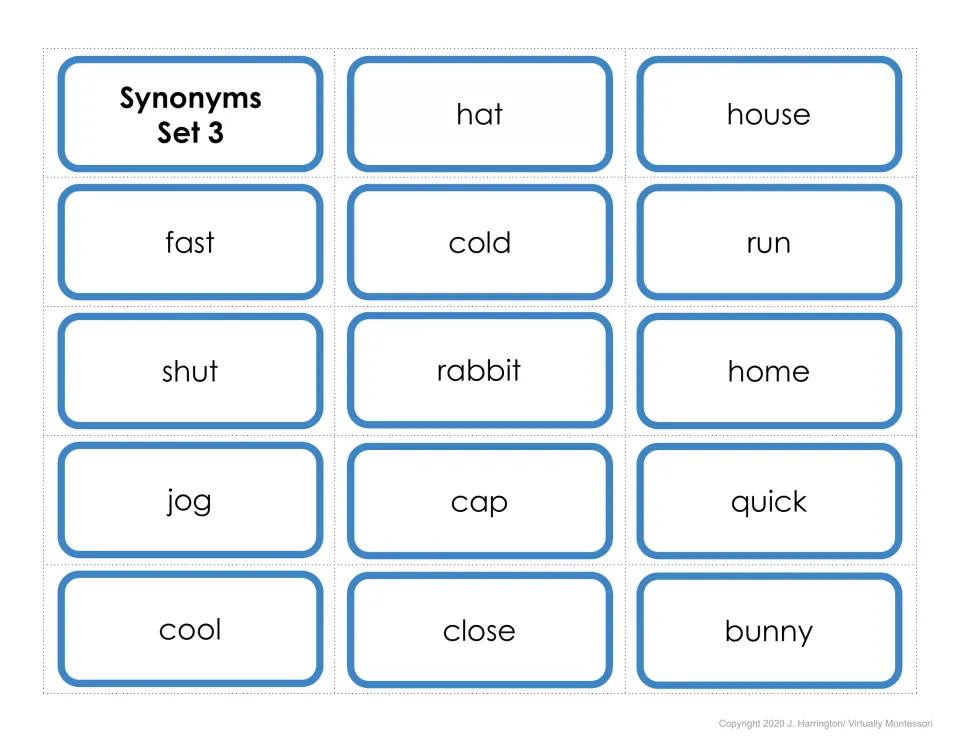 Synonyms Set 3 cut-out cards: students match pairs including hat and cap, house and home, fast and quick, rabbit and bunny
