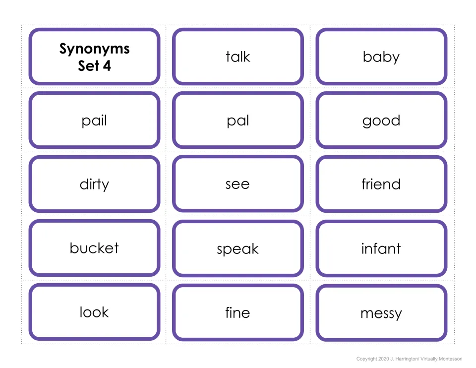 Synonyms Set 4 cut-out cards: students sort same-meaning pairs like talk and speak, baby and infant, pail and bucket
