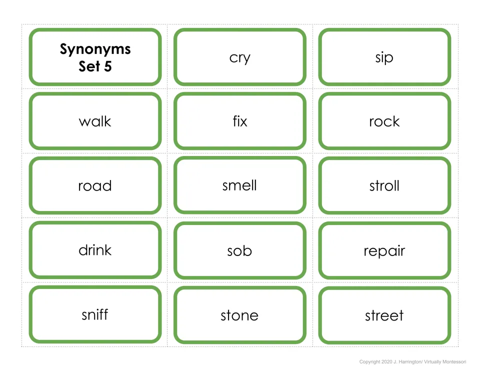 Synonyms Set 5 cut-out cards: students match pairs such as cry and sob, walk and stroll, fix and repair, rock and stone