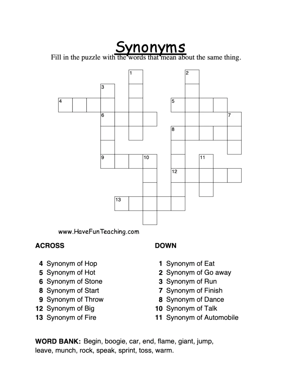 Synonyms crossword: students fill in 14 words, such as jump for hop and giant for big, using clues and a word bank