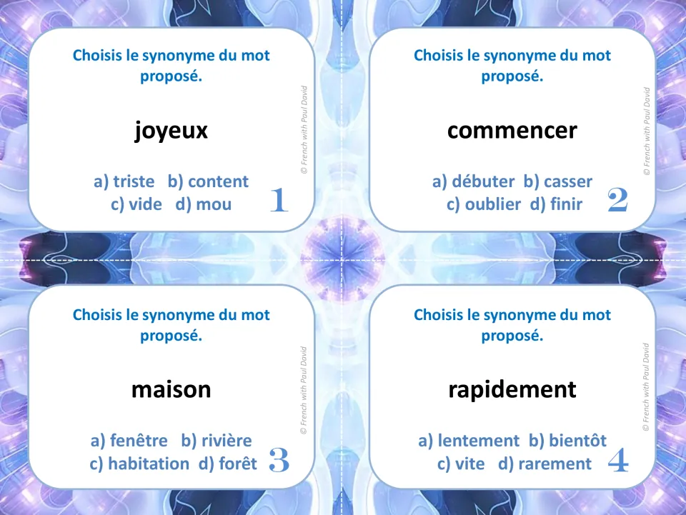 French synonym task cards 1-4: students pick the synonym of joyeux, commencer, maison and rapidement from four choices