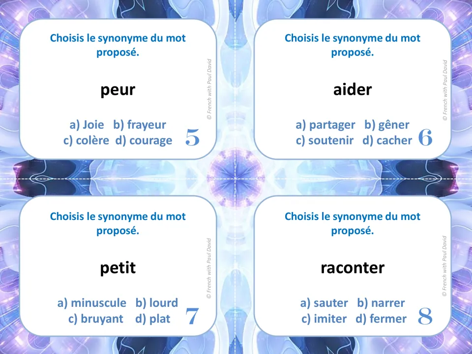 French synonym task cards 5-8: students choose the synonym of peur, aider, petit and raconter from options a to d