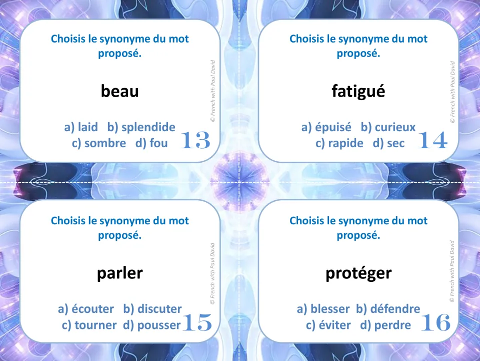 French synonym task cards 13-16: students find the synonym of beau, fatigué, parler and protéger among four answers