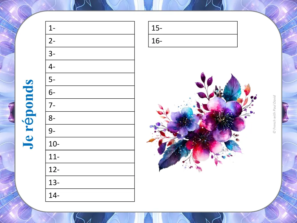 Je réponds recording sheet: students write their answers to synonym cards 1 to 16 beside each card number