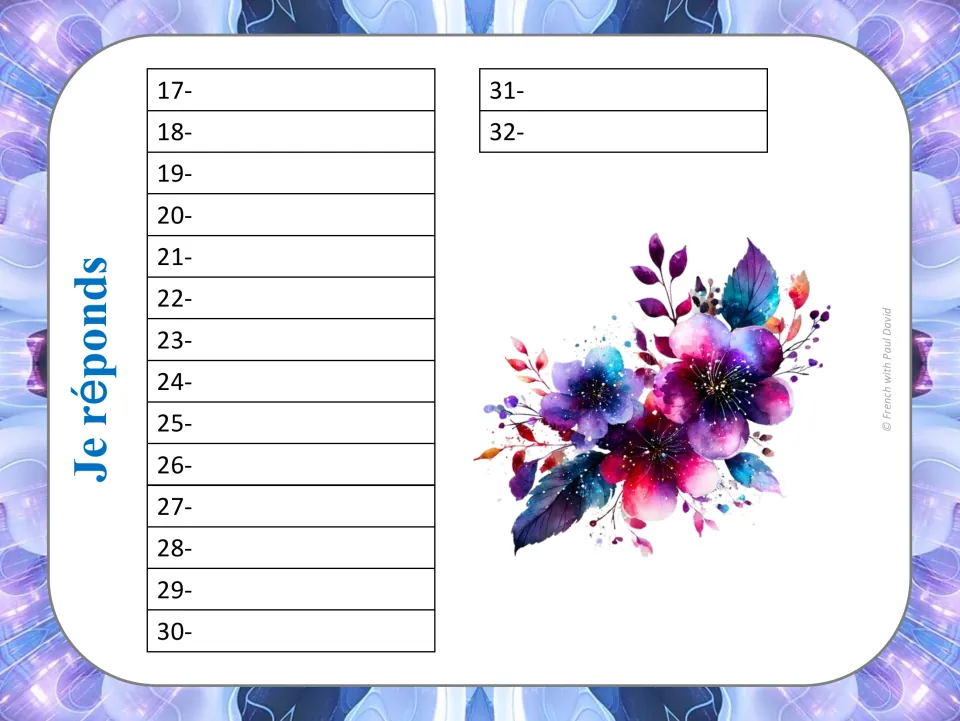 Je réponds recording sheet for antonym cards 17 to 32: students record the letter they chose for each card